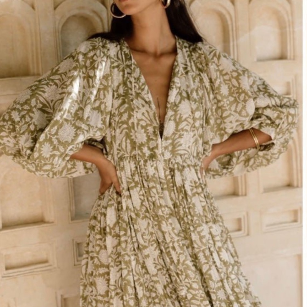 Daughters of India Olive and Cream Midi Dress - Picture 2 of 3